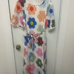 SundayUp White dress with Orange and Blue Geometric Print NWOT